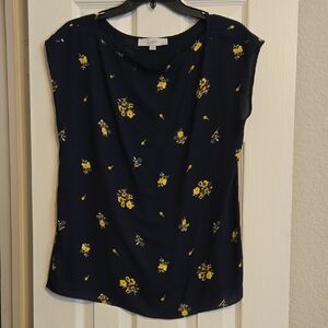 LOFT Navy and Yellow Floral Blouse